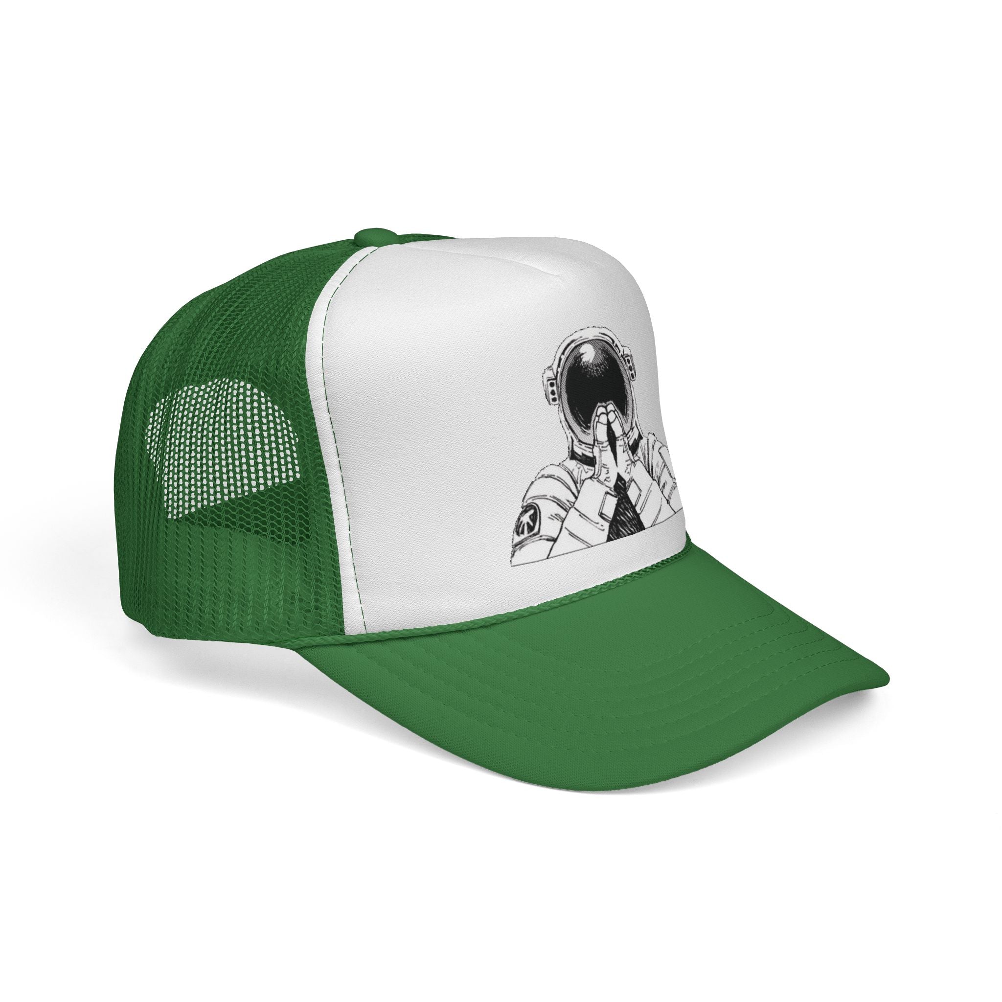 Praying Astronaut Trucker Cap – Vintage Space Helmet Graphic Mesh Hat