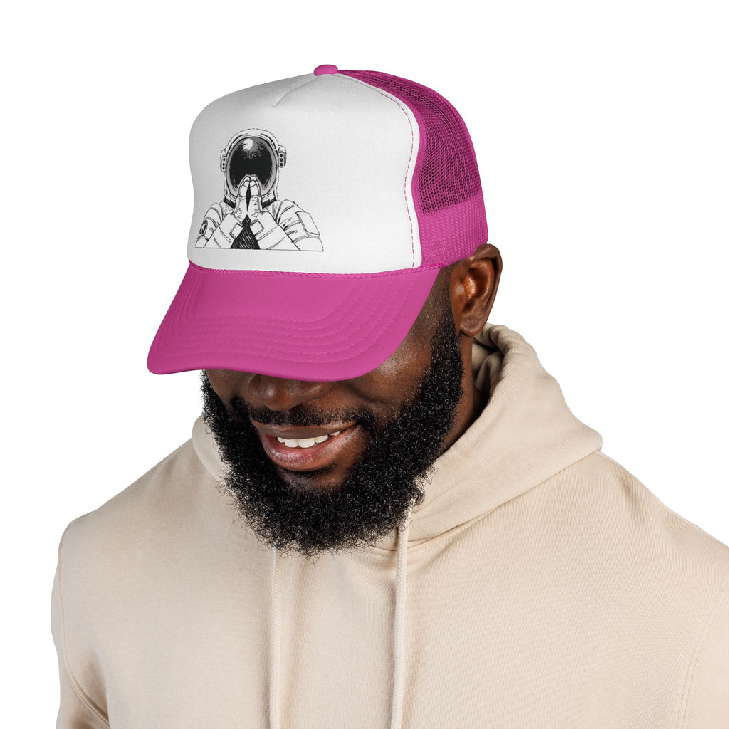 Praying Astronaut Trucker Cap – Vintage Space Helmet Graphic Mesh Hat