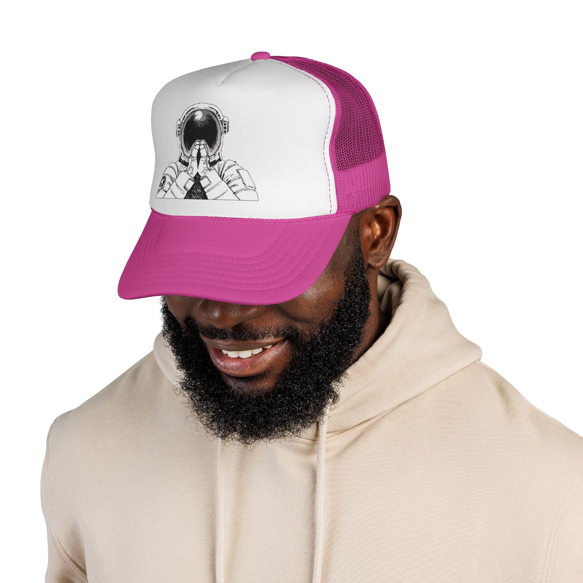 Praying Astronaut Trucker Cap – Vintage Space Helmet Graphic Mesh Hat