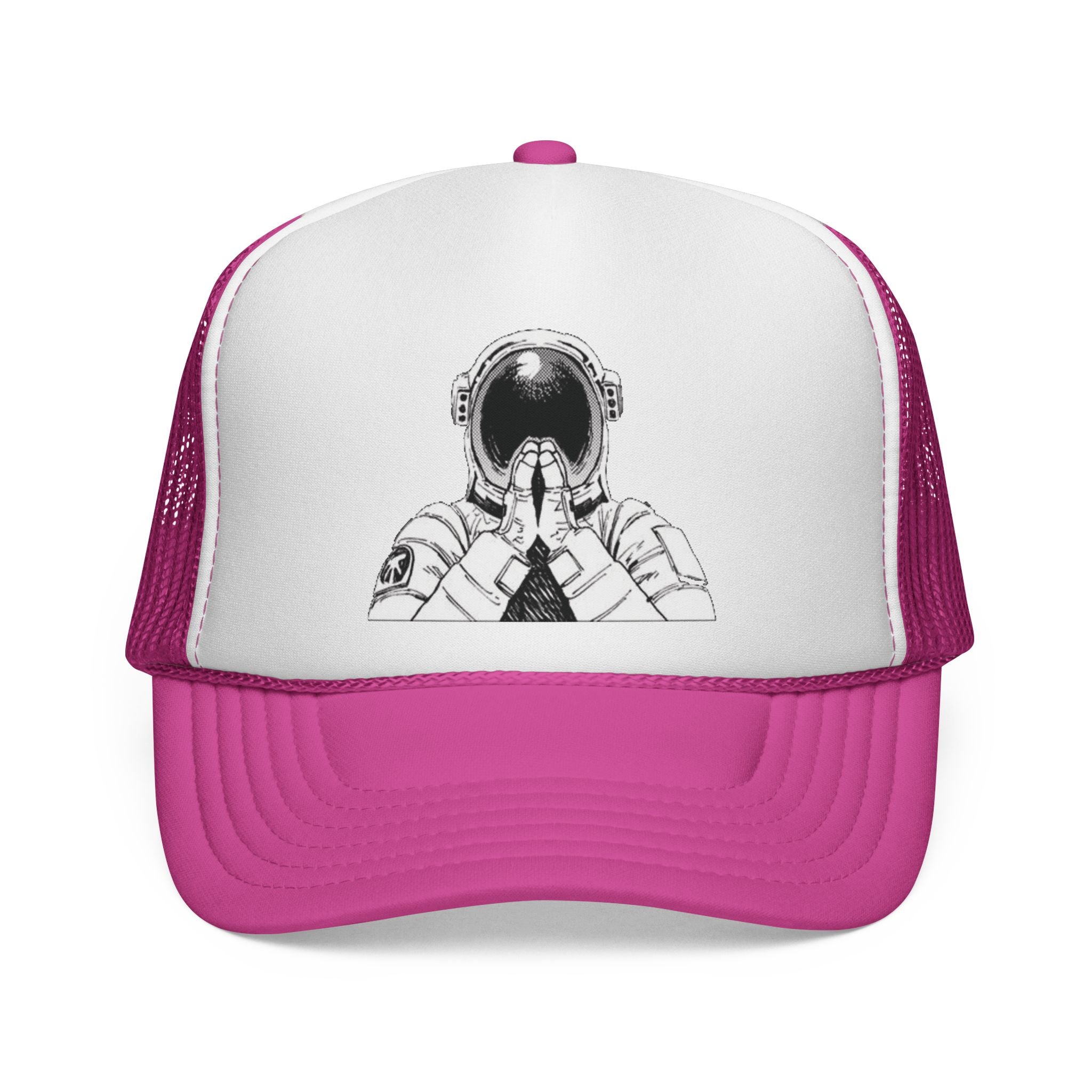 Praying Astronaut Trucker Cap – Vintage Space Helmet Graphic Mesh Hat