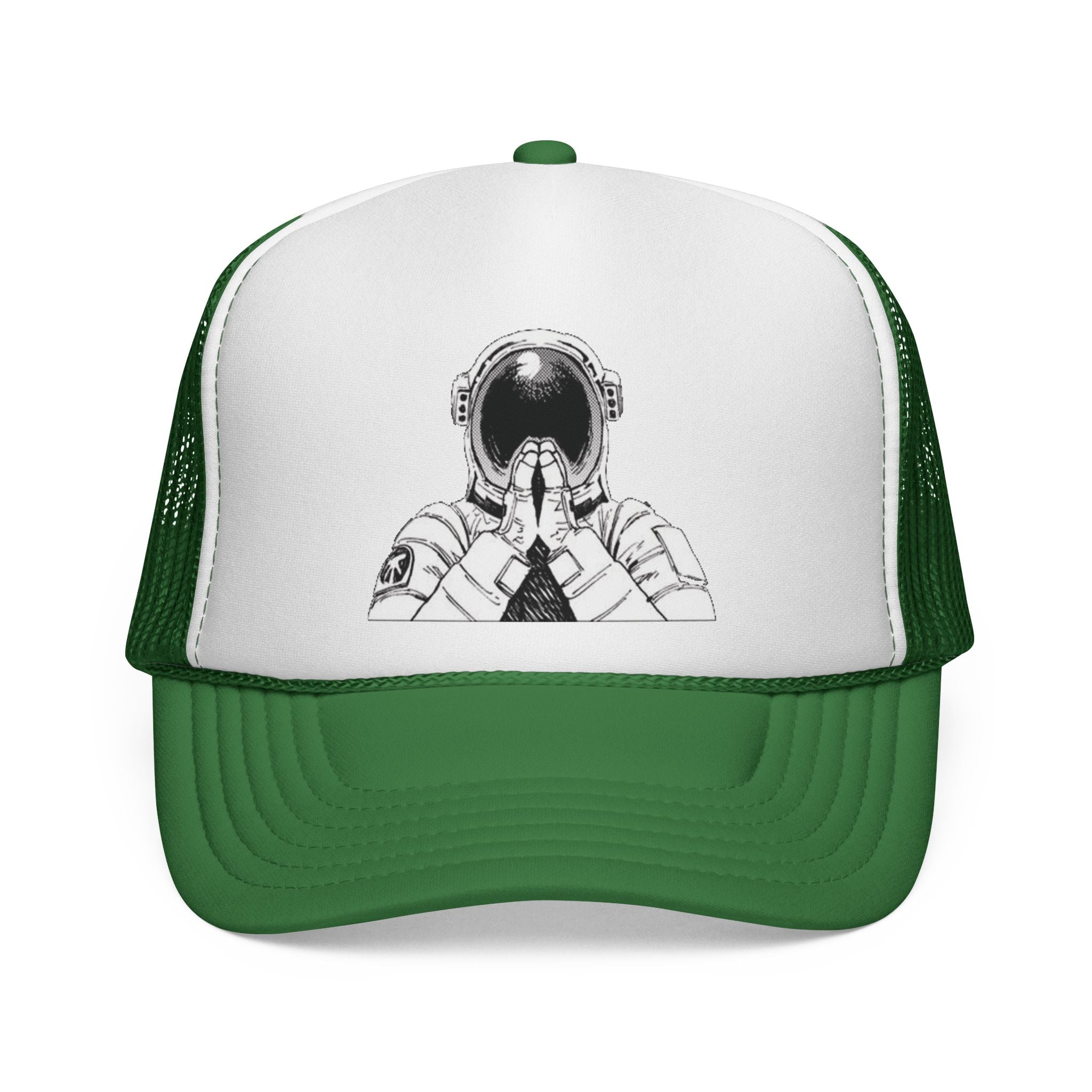 Praying Astronaut Trucker Cap – Vintage Space Helmet Graphic Mesh Hat