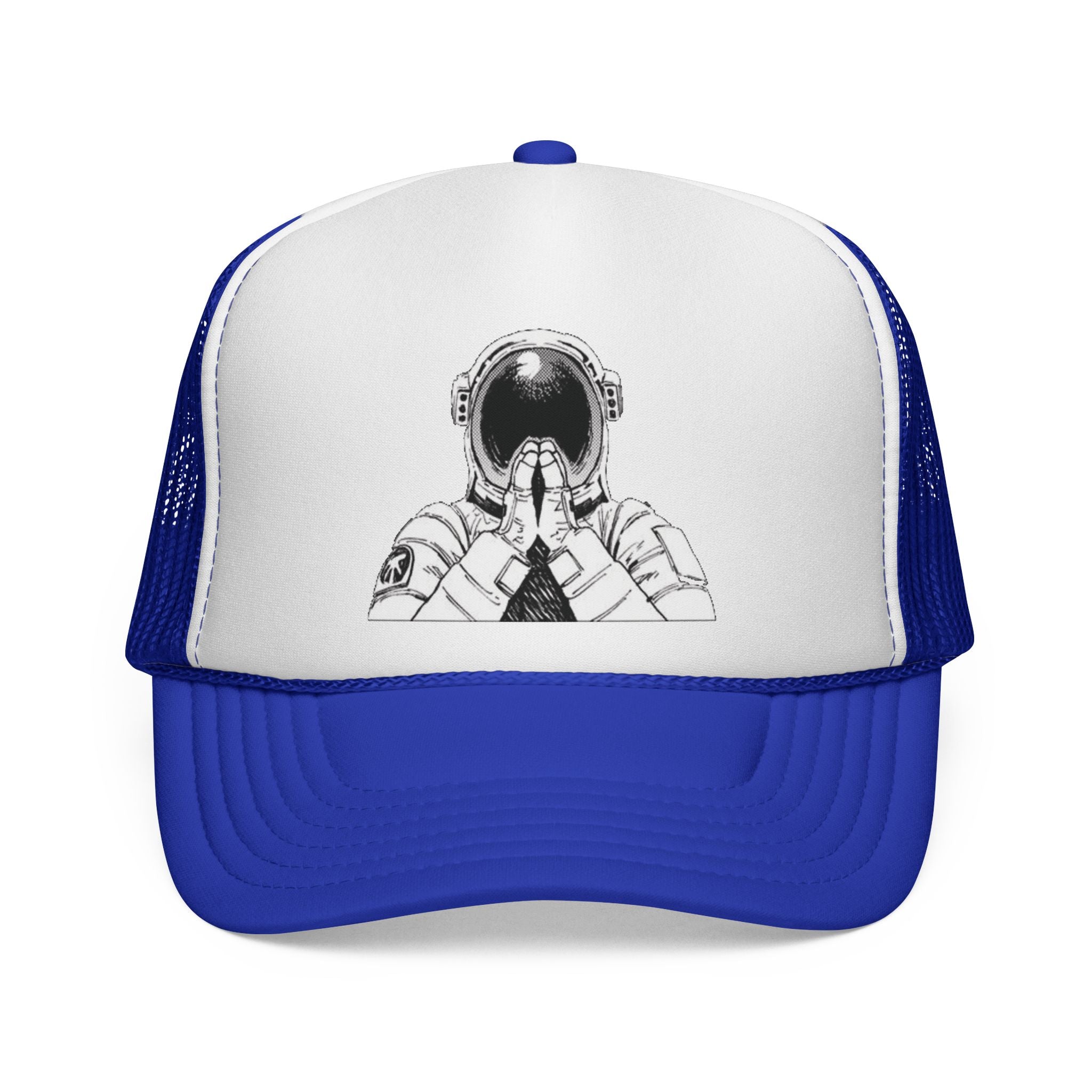 Praying Astronaut Trucker Cap – Vintage Space Helmet Graphic Mesh Hat