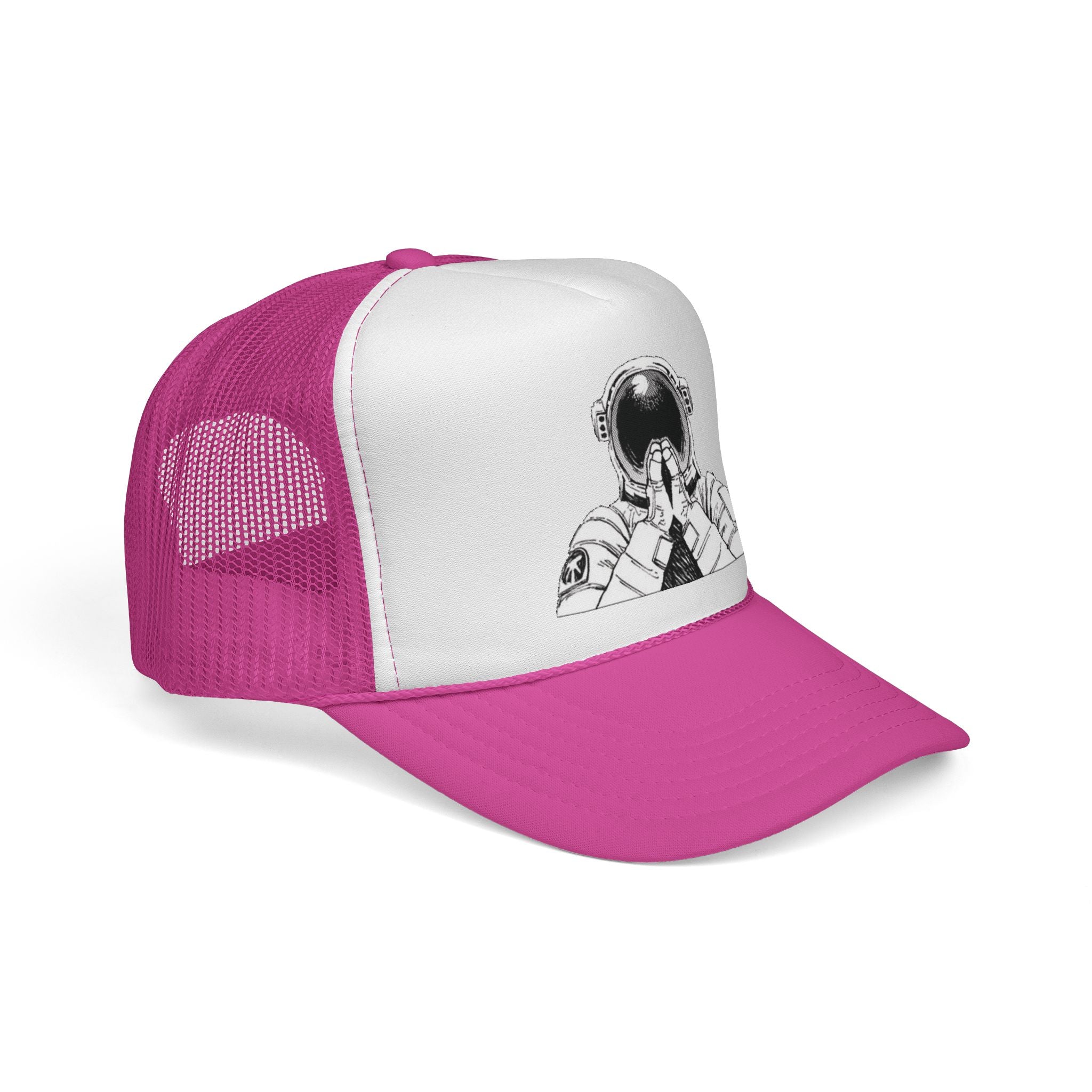 Praying Astronaut Trucker Cap – Vintage Space Helmet Graphic Mesh Hat