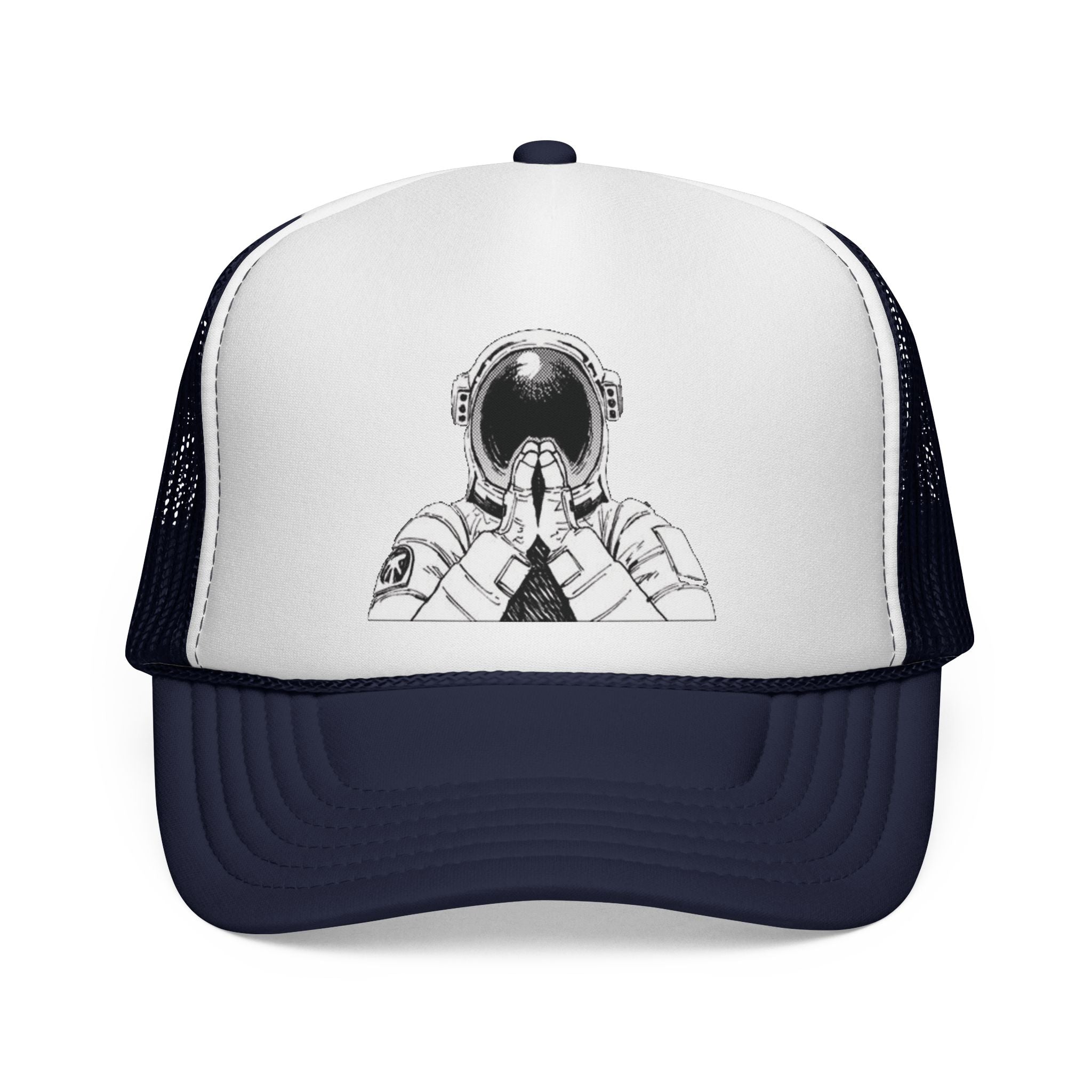 Praying Astronaut Trucker Cap – Vintage Space Helmet Graphic Mesh Hat