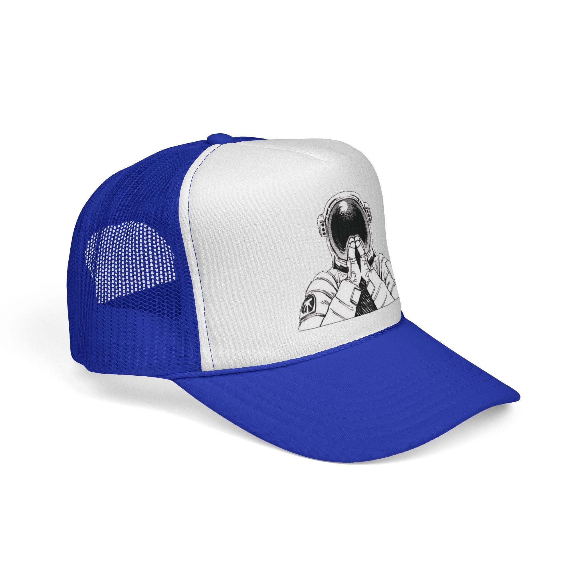 Praying Astronaut Trucker Cap – Vintage Space Helmet Graphic Mesh Hat