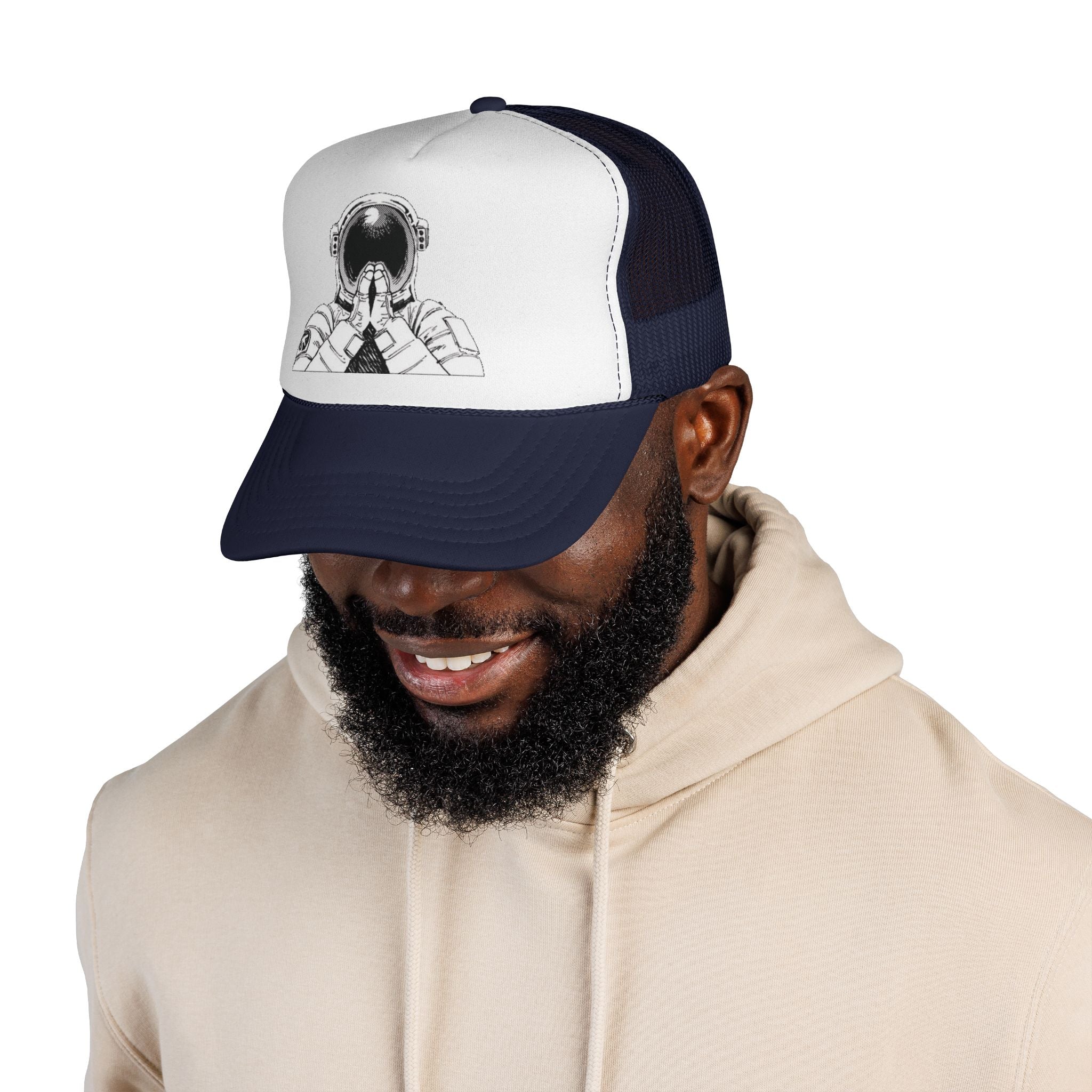 Praying Astronaut Trucker Cap – Vintage Space Helmet Graphic Mesh Hat