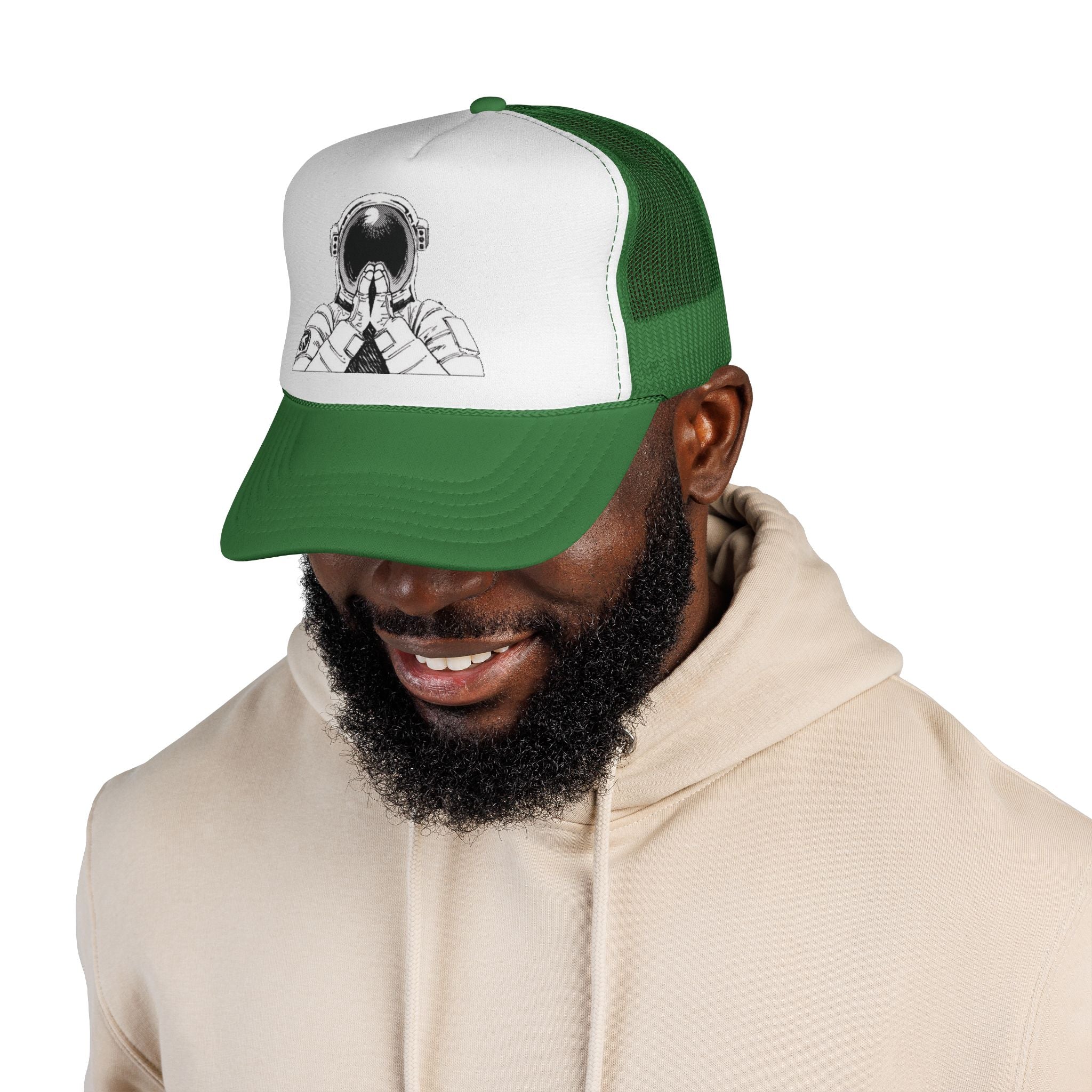 Praying Astronaut Trucker Cap – Vintage Space Helmet Graphic Mesh Hat