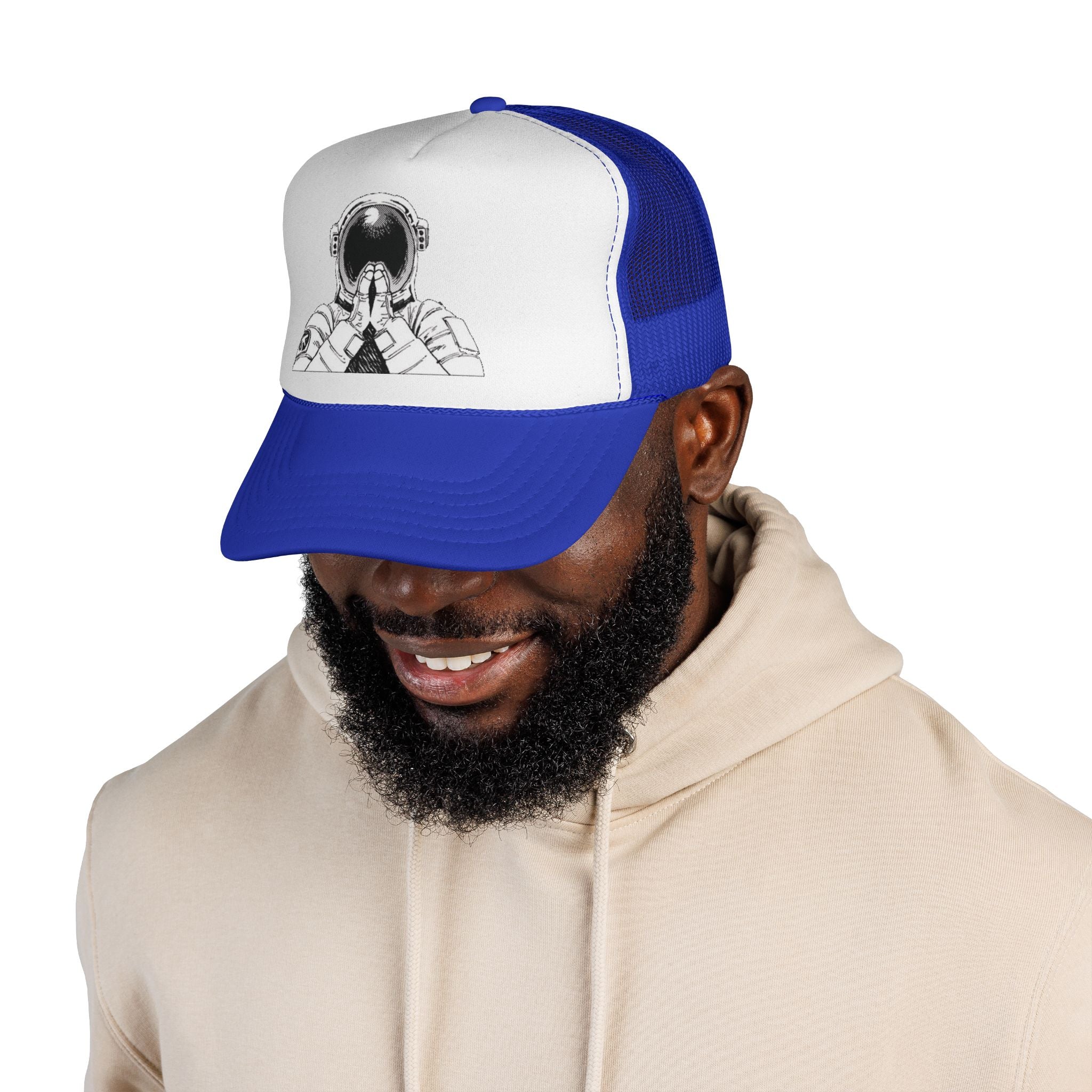 Praying Astronaut Trucker Cap – Vintage Space Helmet Graphic Mesh Hat