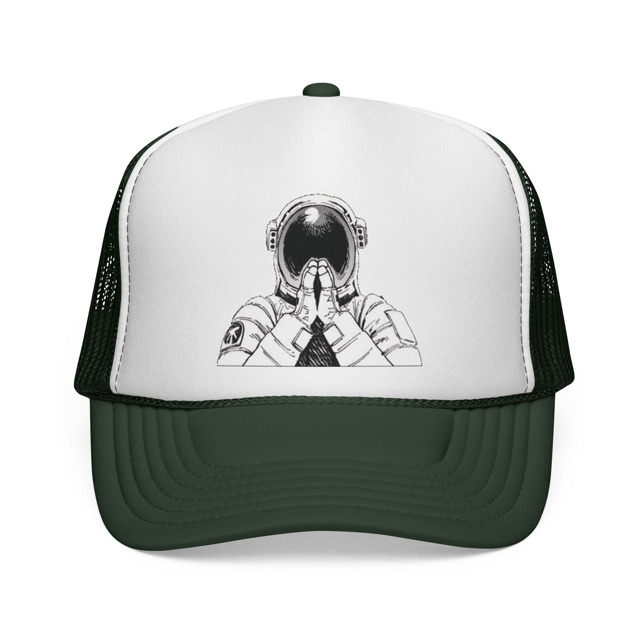 Praying Astronaut Trucker Cap – Vintage Space Helmet Graphic Mesh Hat